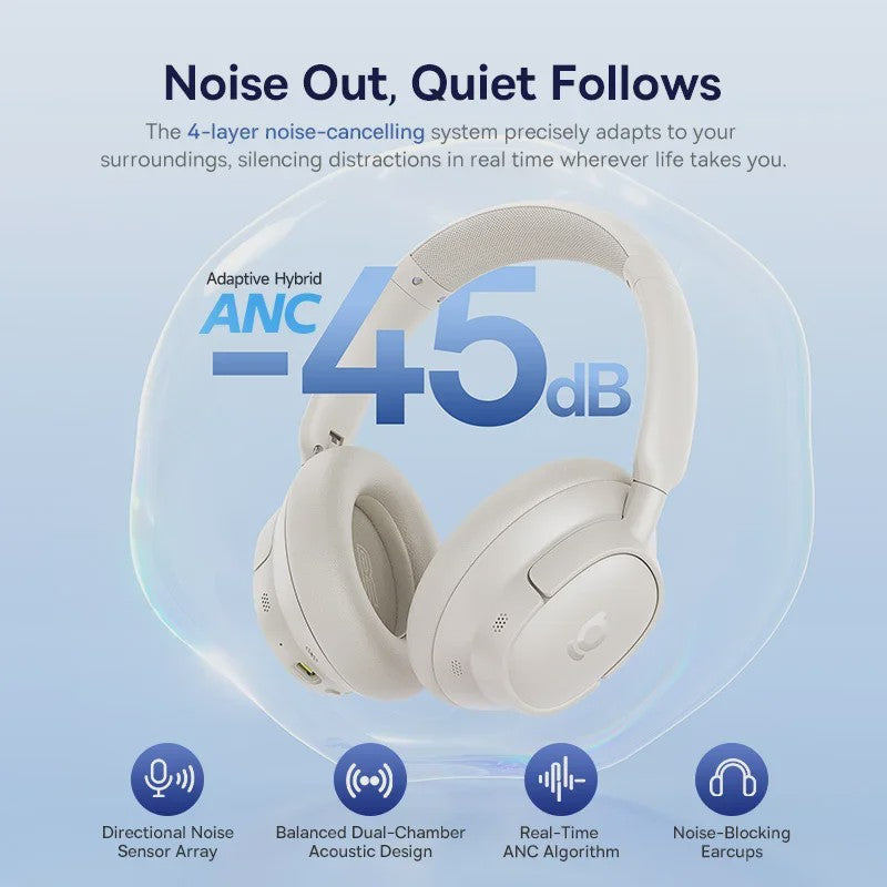 Baseus Bass EH10 NC Draadloze Koptelefoon - 45dB Noise Cancelling, 80 Uur Batterij, Bluetooth 6.0