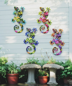 Kleurrijke Metalen Gekko Muurdecoratie - Tropische Hagedis Hangornament voor Buiten & Binnen