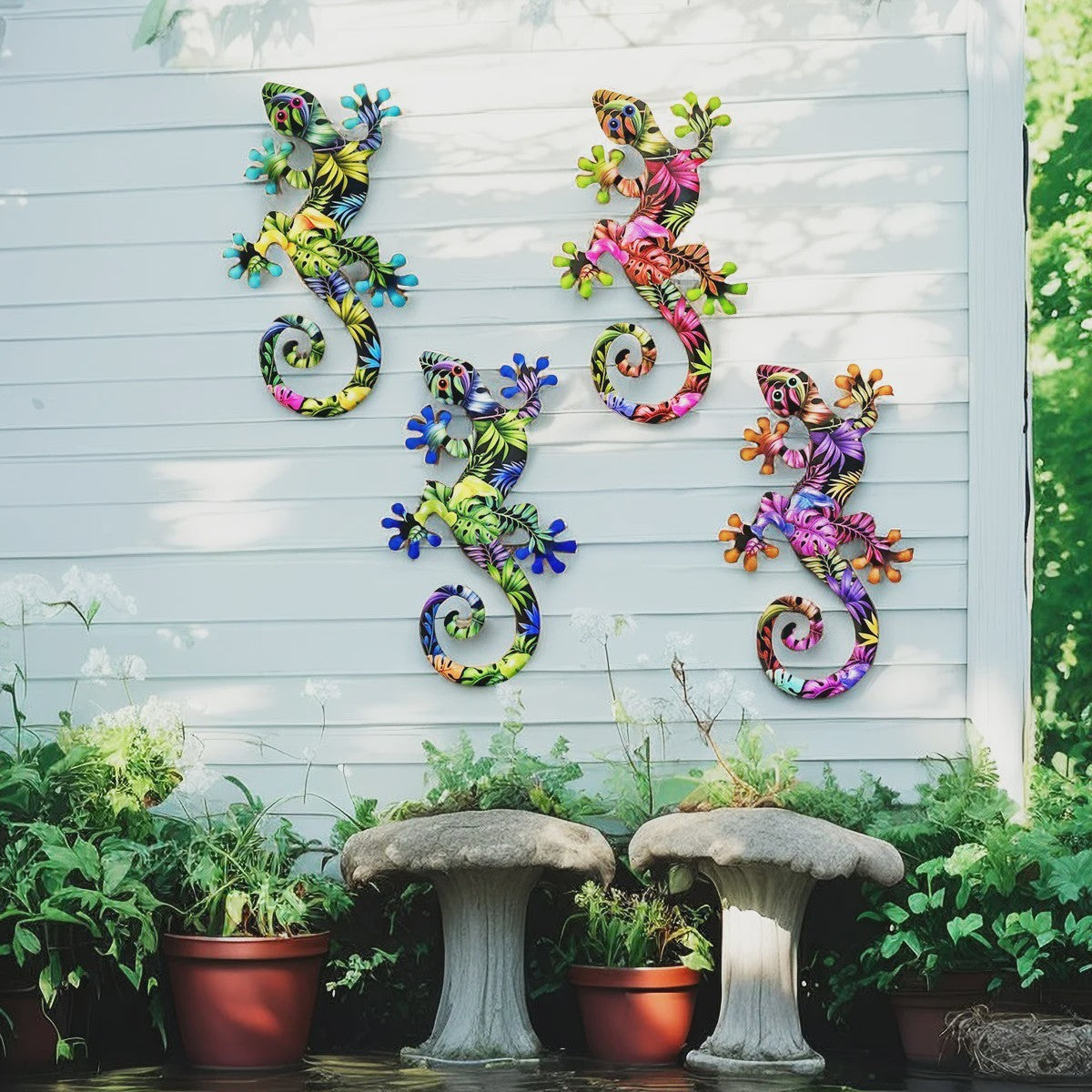 Kleurrijke Metalen Gekko Muurdecoratie - Tropische Hagedis Hangornament voor Buiten & Binnen