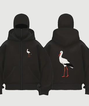 Unieke Heren Hoodie met Stork Bird Print - Stijlvol en Comfortabel