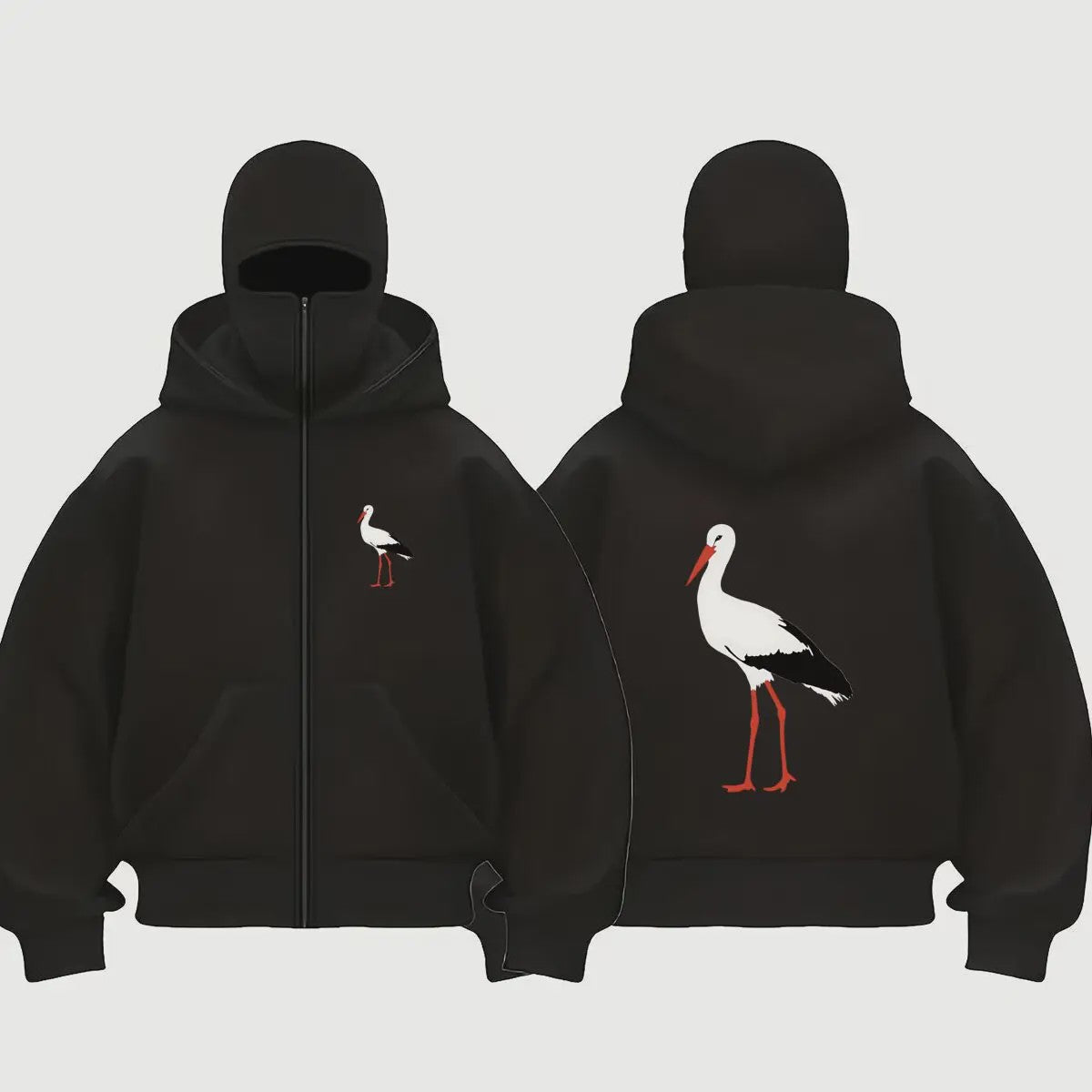 Unieke Heren Hoodie met Stork Bird Print - Stijlvol en Comfortabel