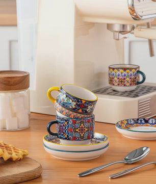 Bohemian Porseleinen Koffiekopjes met Schotels en Metalen Standaard - Set van 6/12