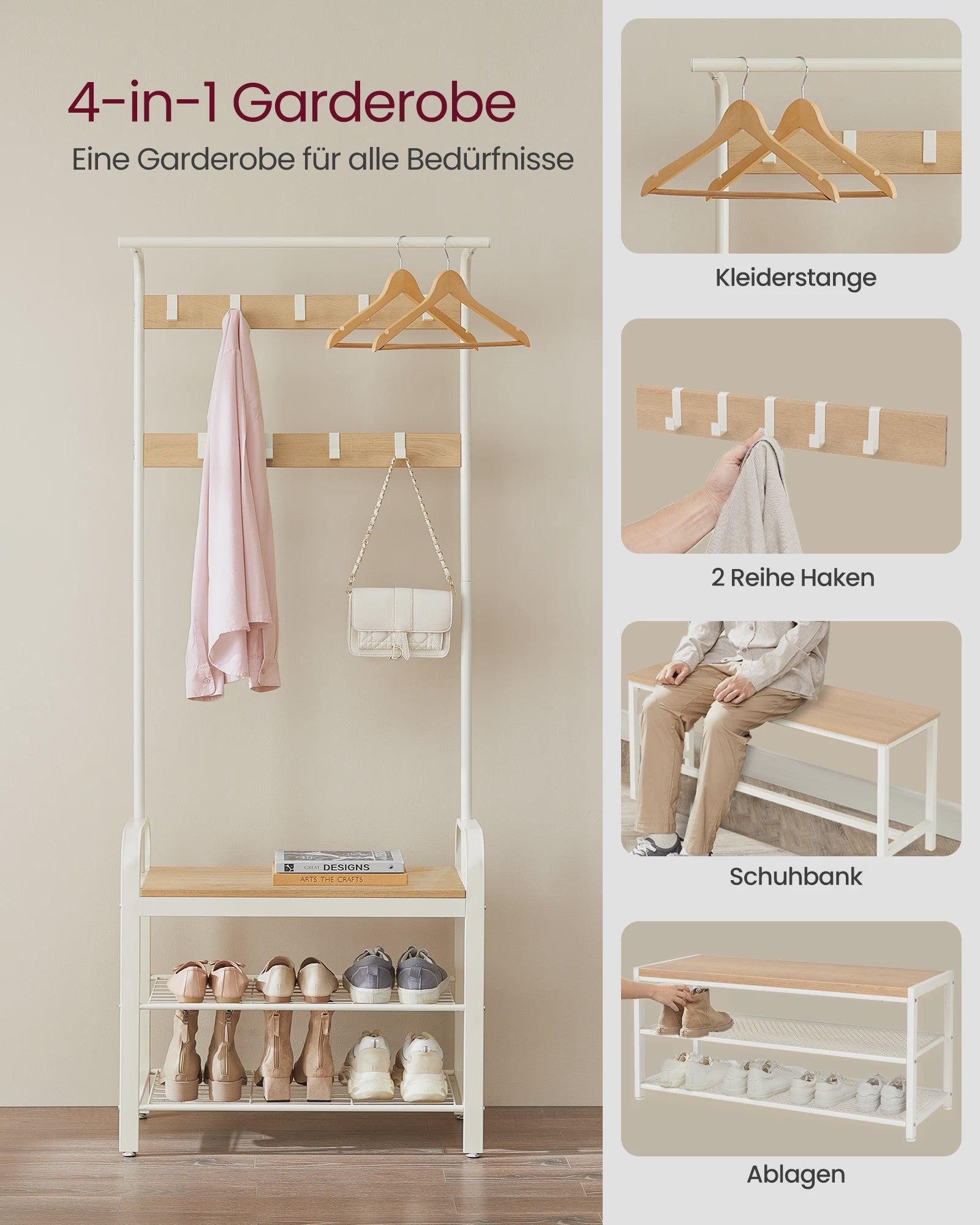 Stijlvolle Kapstok met Schoenenrek - 3 Niveaus, Afneembare Haken & Metalen Frame - 183 cm Hoog