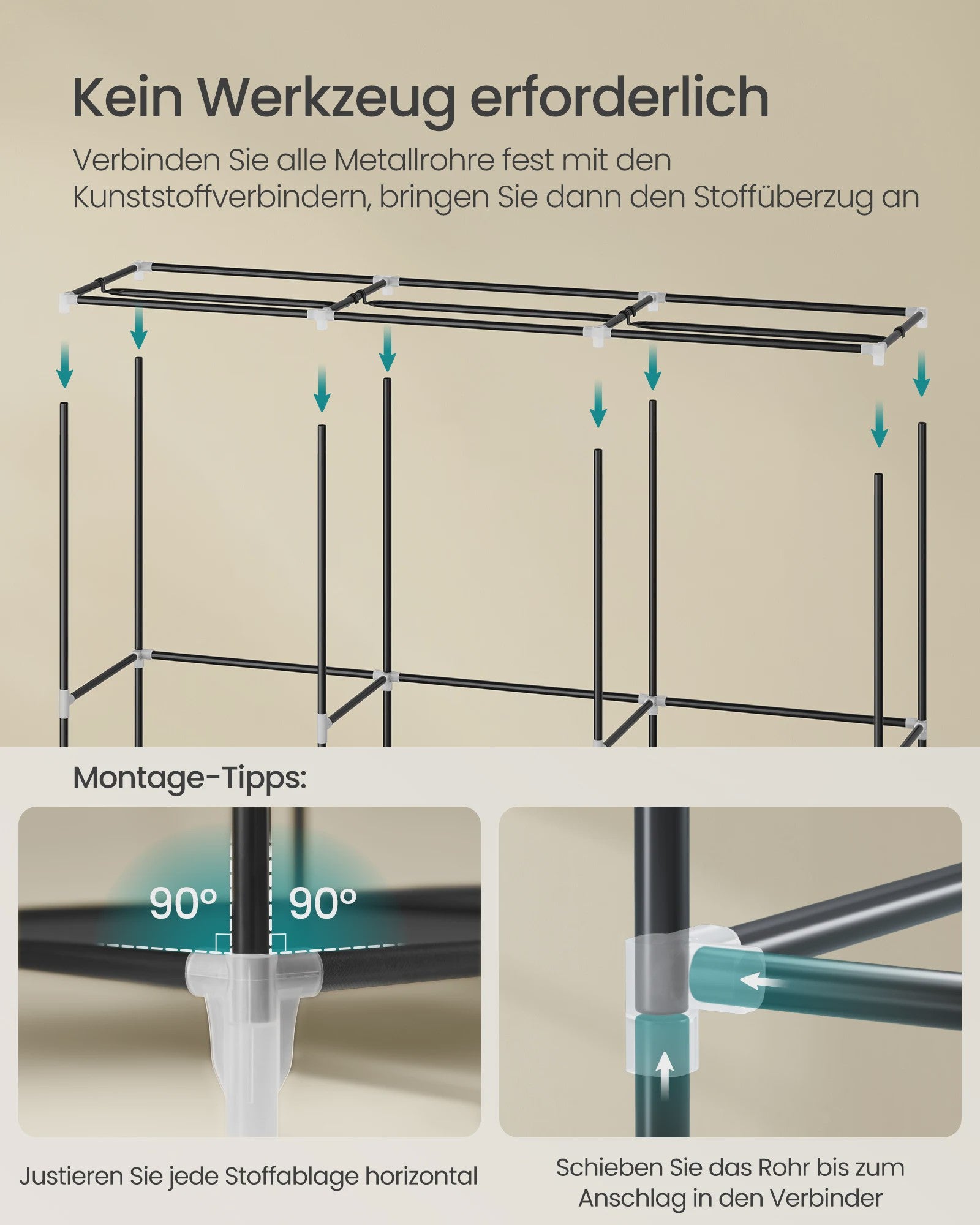 Ruime Stoffen Kledingkast met 3 Hanggedeeltes, 4 Zijvakken en Legplanken - 188x45x176 cm