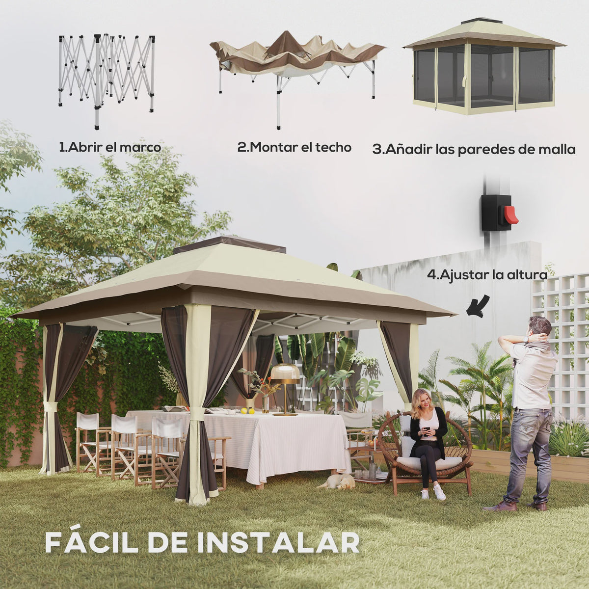 Outsunny Partytent 3.6x3.6m met 4 UV-beschermende Mesh Zijwanden