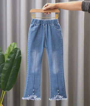 Bell-bottom Jeans voor Meisjes met Kraaltjes en Kant - Modieuze Stretch Denim Broek