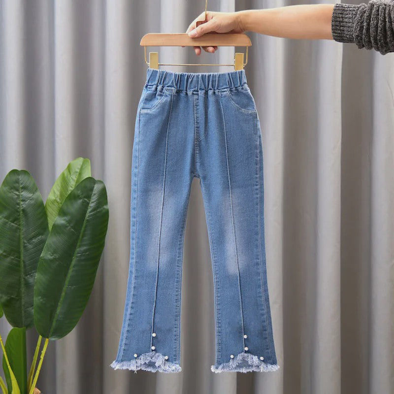 Bell-bottom Jeans voor Meisjes met Kraaltjes en Kant - Modieuze Stretch Denim Broek