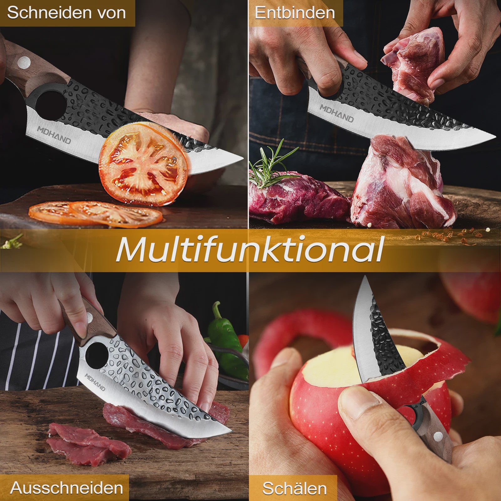 Handgesmeed Koksmes RVS - Chefmes voor Vlees, Groenten & Fruit met Lederen Schede