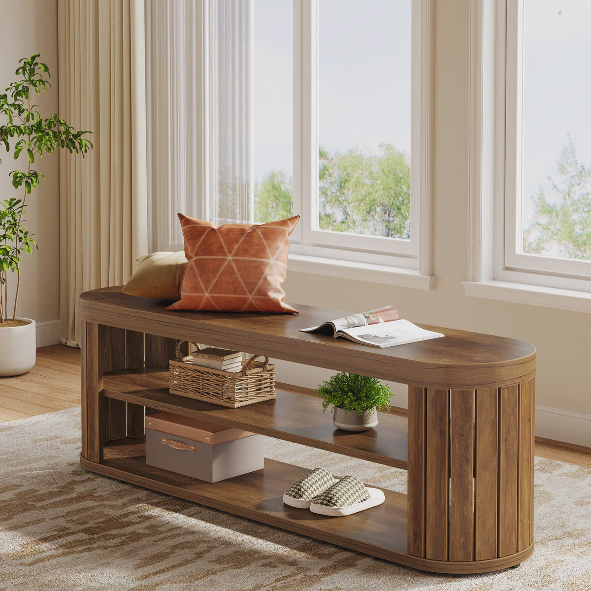 Houten Entree Bank met Schoenopslag - 47.2" - Farmhouse Stijl - Verstelbare Voetjes