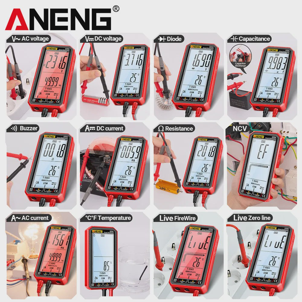 ANENG 620A Digitale Multimeter: 6000 Counts, AC/DC, Temperatuur, NCV & Live Wire Detector