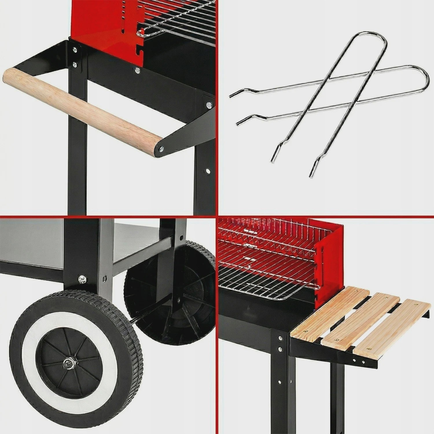 Mobiele Houtskool BBQ Grill met Wielen, Zijplanken en Accessoires - 40x40cm Grilloppervlak