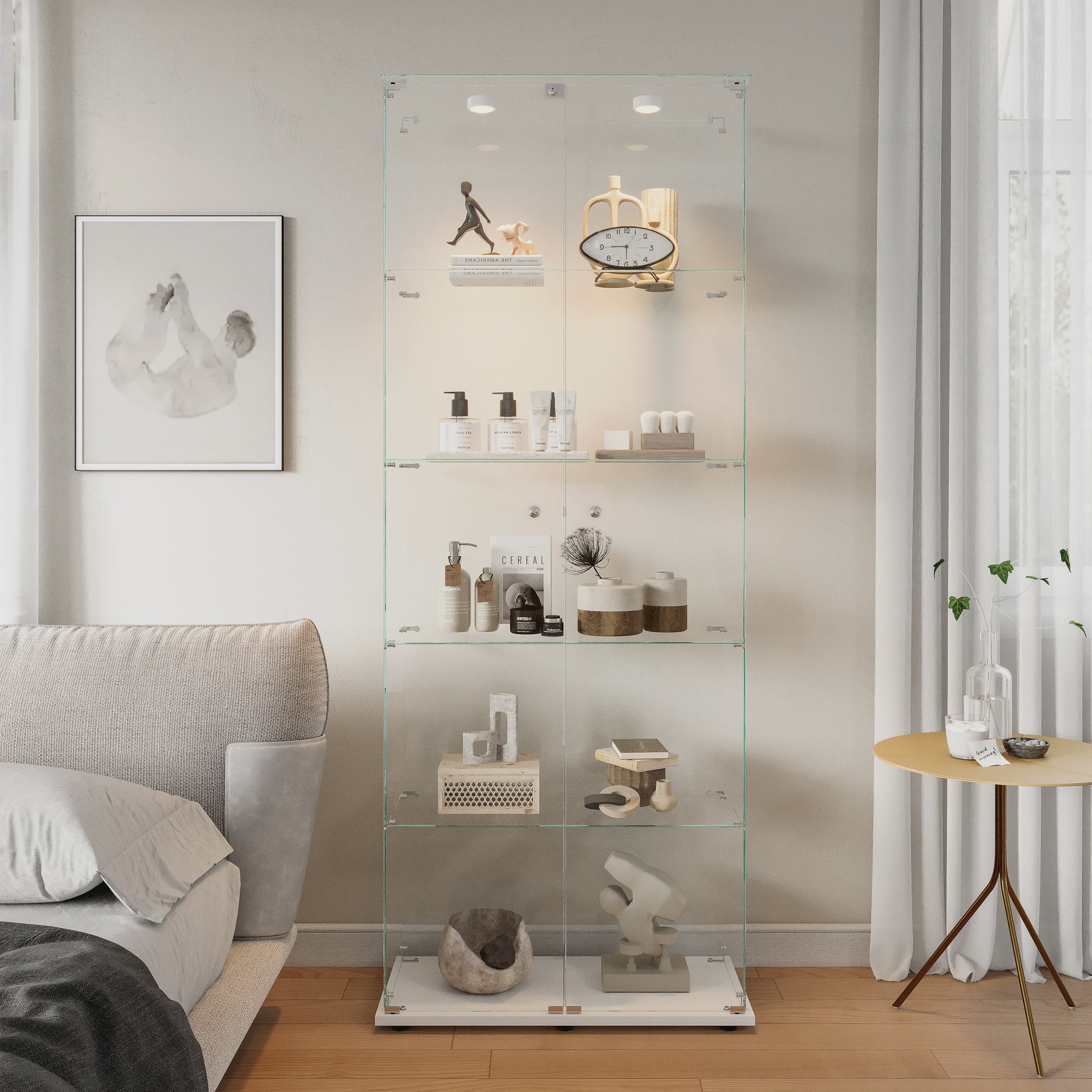 Moderne Glazen Vitrinekast met LED Verlichting - 5 Lagen, 2 Deuren