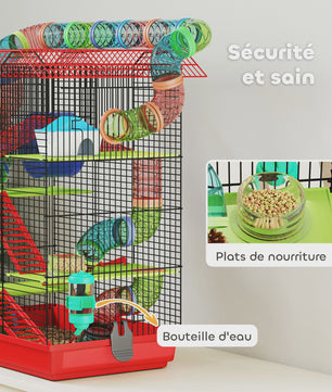 Grote Hamsterkooi met Tunnel, Loopwiel en Voerbak - 47x30x59 cm Rood