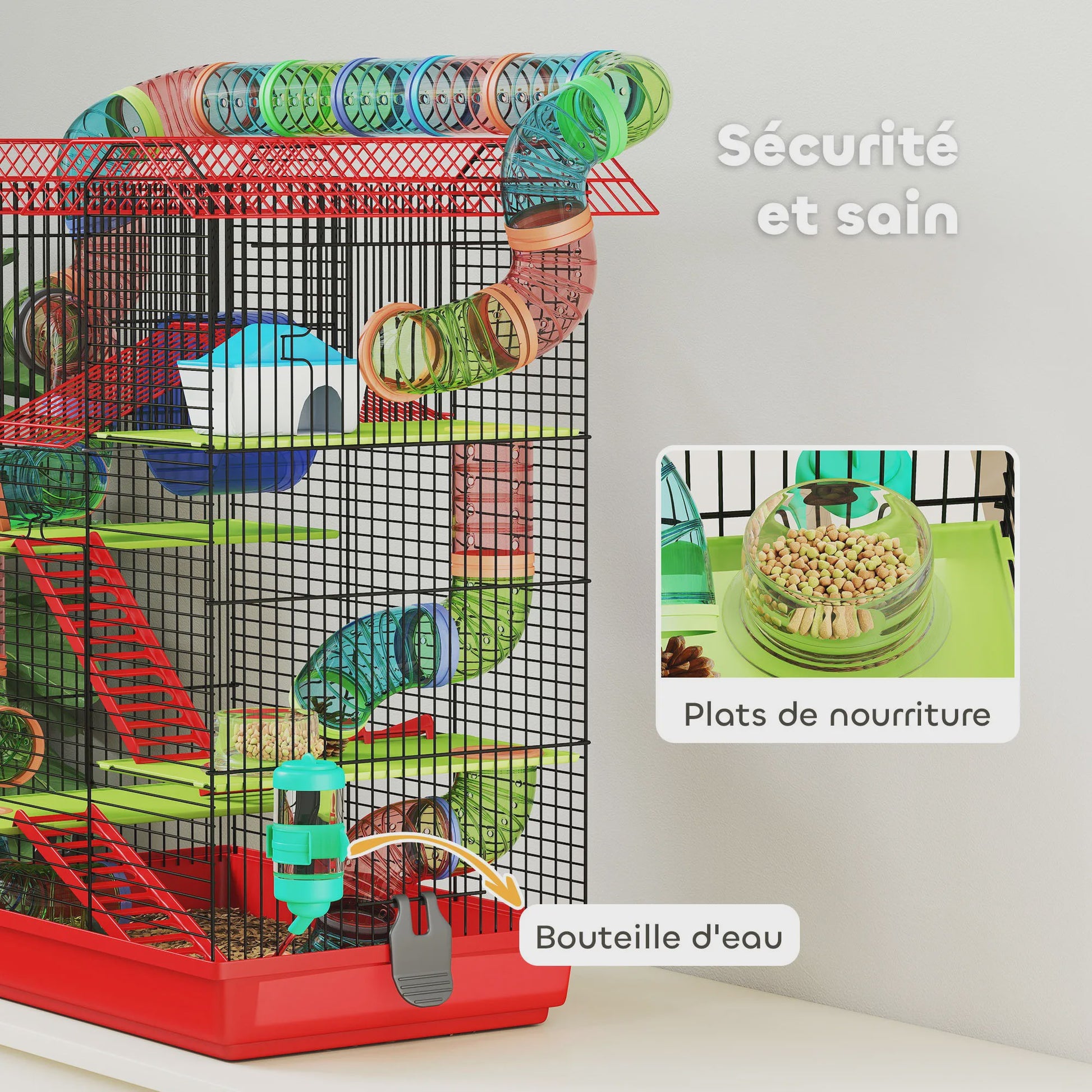 Grote Hamsterkooi met Tunnel, Loopwiel en Voerbak - 47x30x59 cm Rood