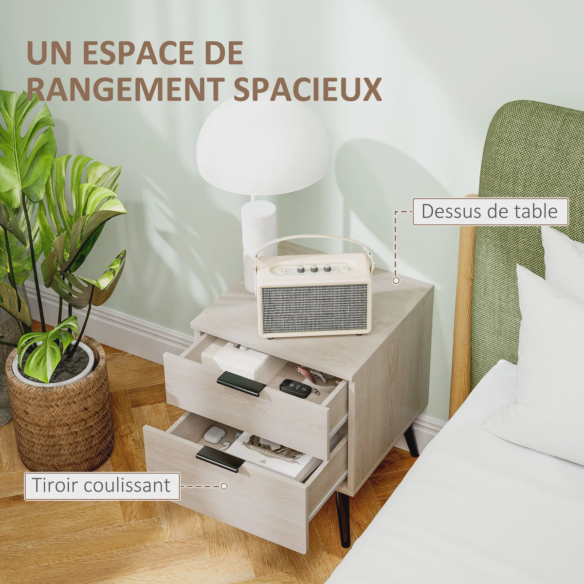 Set van 2 Nachtkastjes in Scandinavische Stijl - Modern Design met Lades en Houten Poten