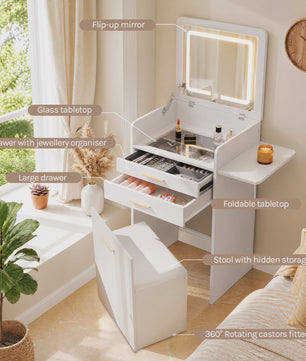 WOLTU Kaptafel met LED Spiegel, Verrijdbare Opbergkruk & Glazen Blad - 3-in-1 Make-up Tafel