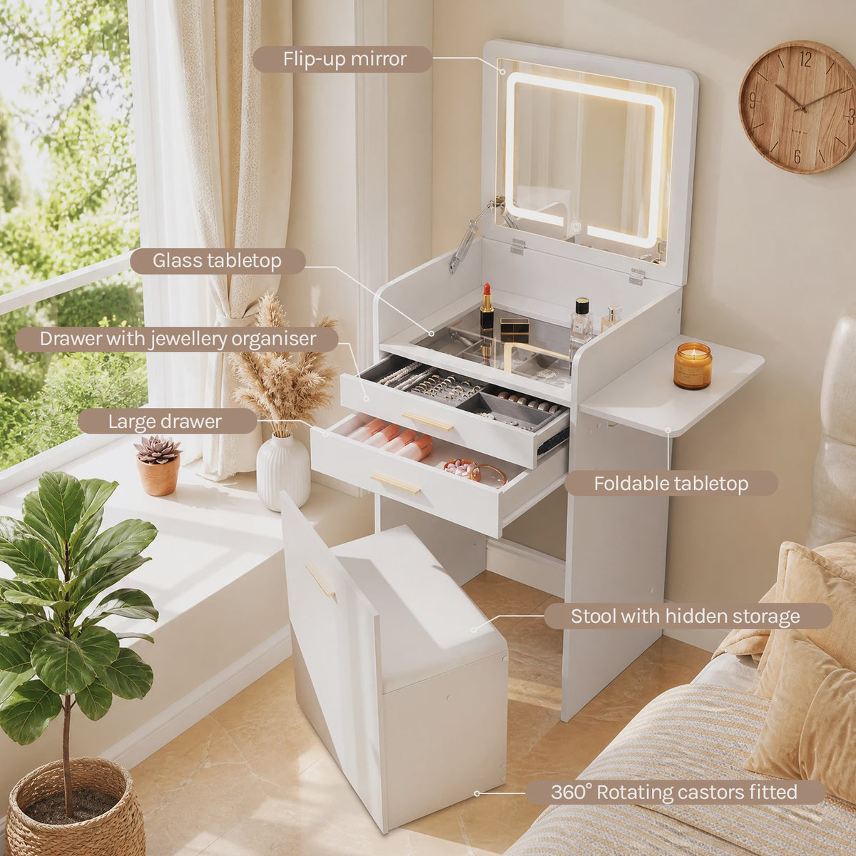 WOLTU Kaptafel met LED Spiegel, Verrijdbare Opbergkruk & Glazen Blad - 3-in-1 Make-up Tafel