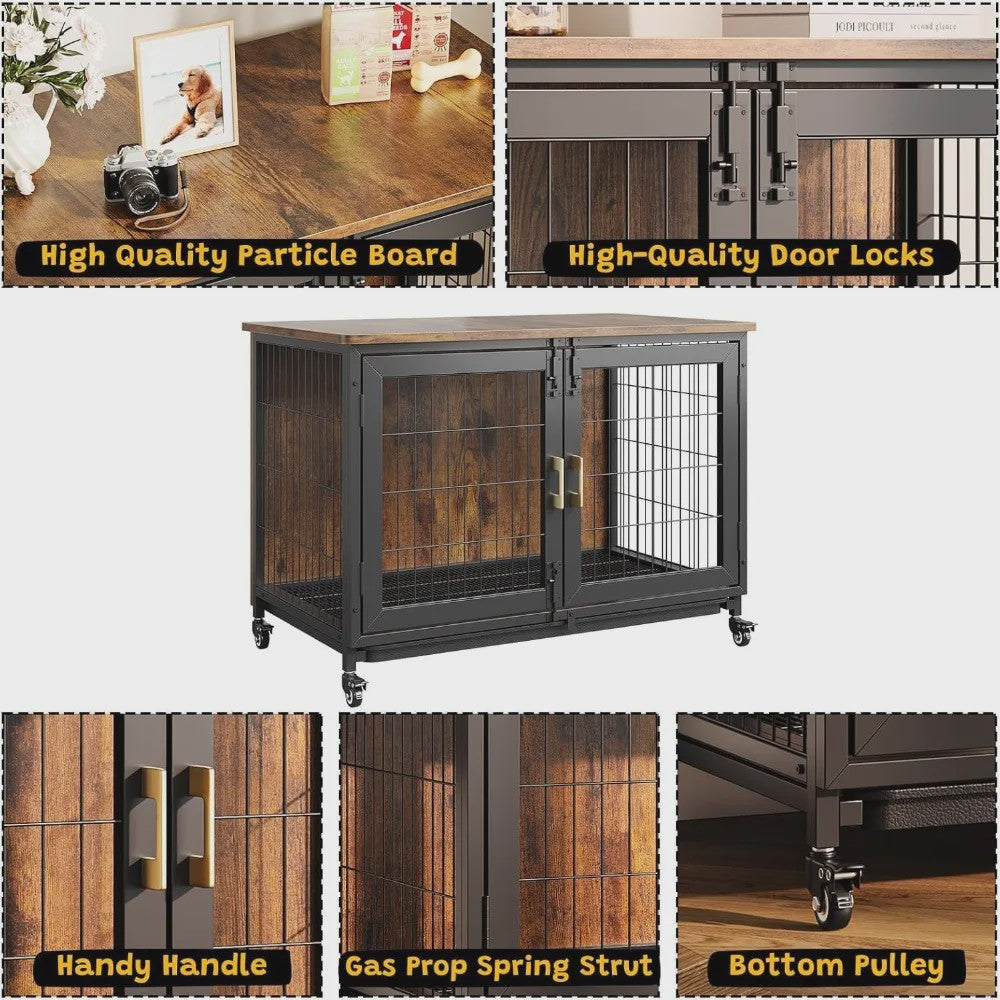 Houten Hondenkennel met Wielen en Lade - Stijlvolle Bijzettafel voor Kleine/Middelgrote Honden