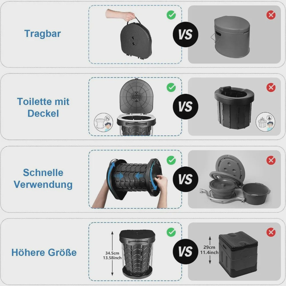 Draagbaar Toilet met Deksel - 180kg Draagvermogen | Ideaal voor Camping, Vissen, Reizen & Noodgevallen