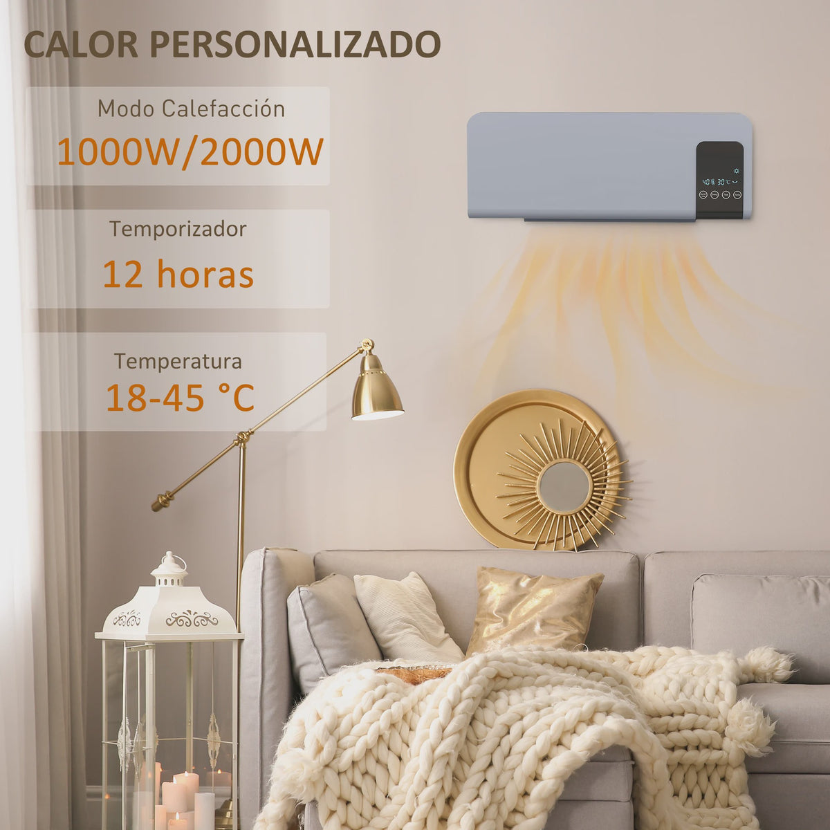 Elektrische Wandverwarming 1000W/2000W met LED Display en Afstandsbediening - Grijs
