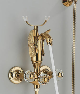 Luxe Gouden Zwanen Douchekraan Set met Baduitloop en Kristallen Handgrepen