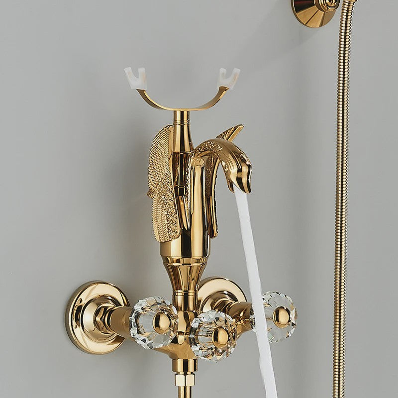 Luxe Gouden Zwanen Douchekraan Set met Baduitloop en Kristallen Handgrepen