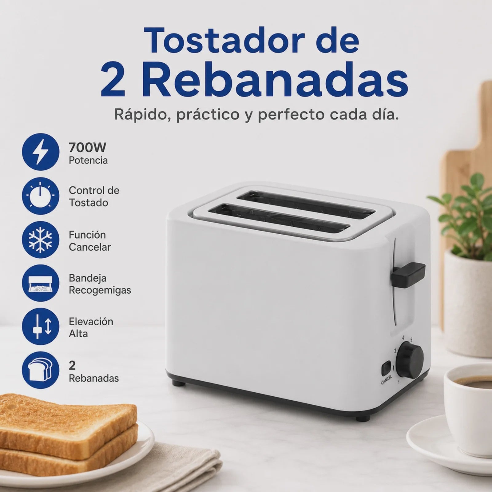 Wit 2-Slots Broodrooster 700W met Brede Sleuven en Kruimellade