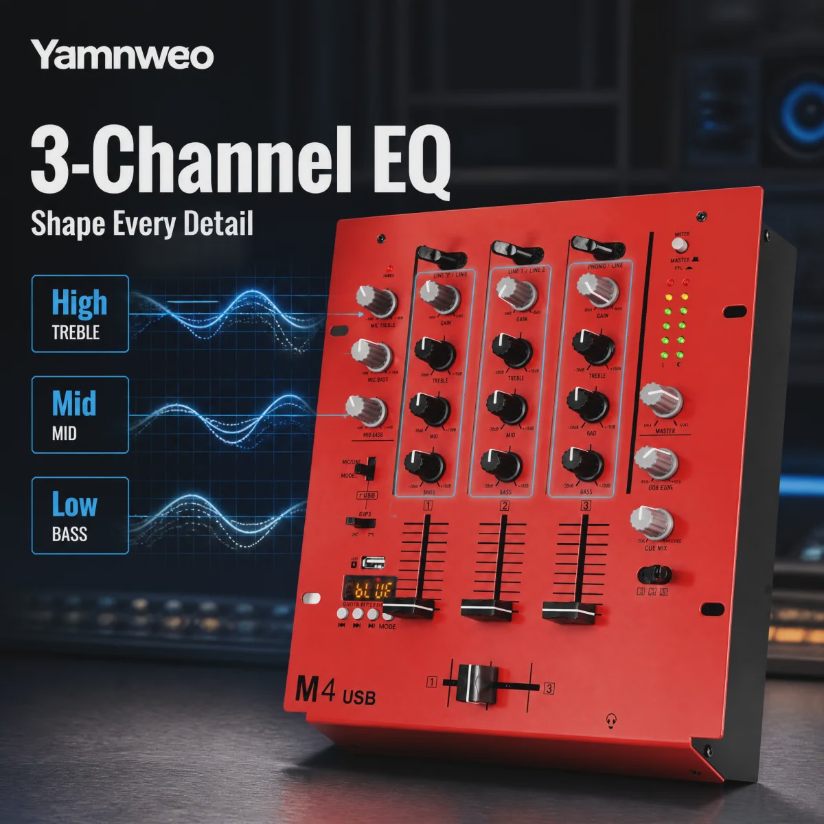 Yamnweo M4 Mini DJ Mixer - 3 Kanaals Audio Console met Bluetooth, USB MP3 & EQ