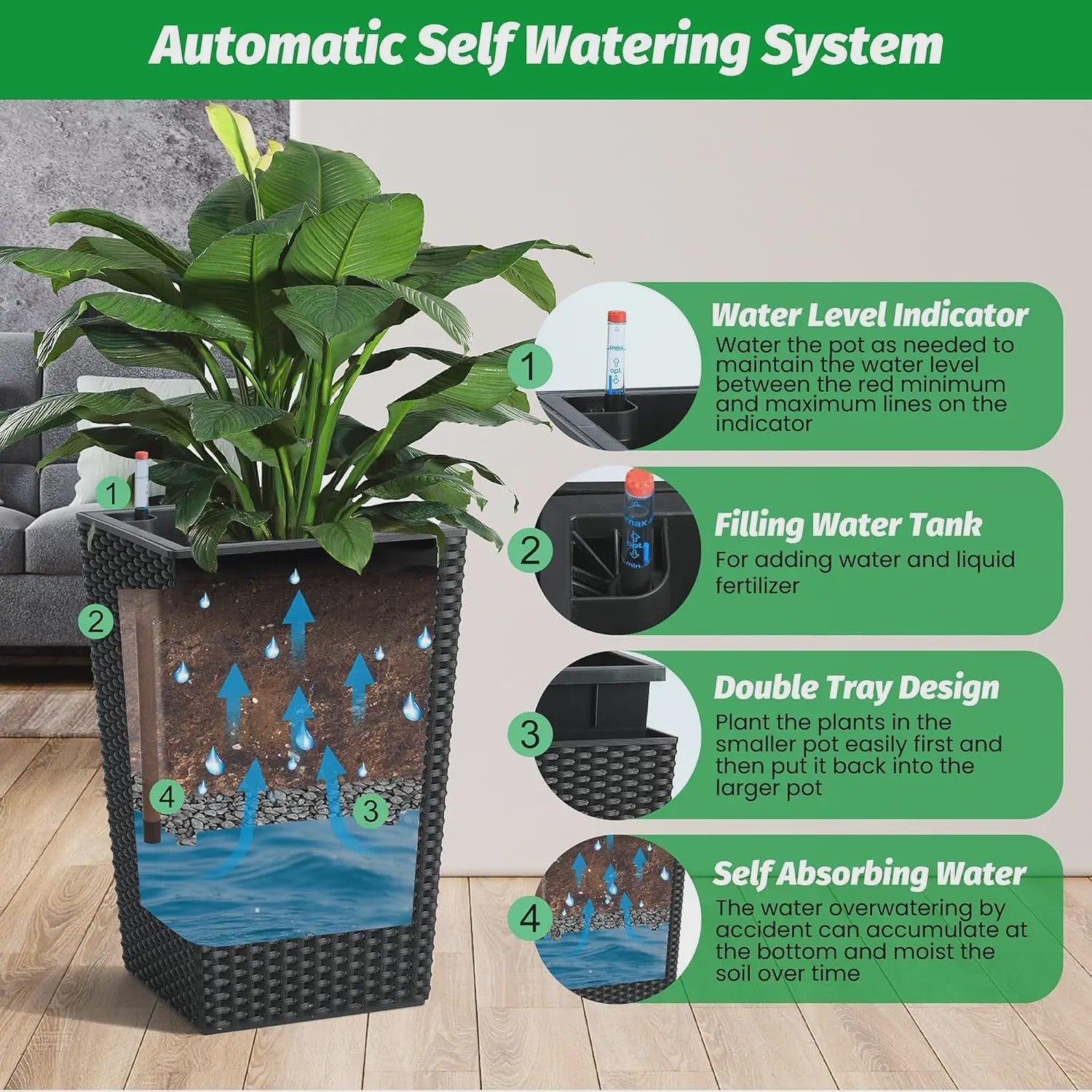 Set van 2 Zelfwaterende Bloempotten met Rotanpatroon en Waterniveau-indicator