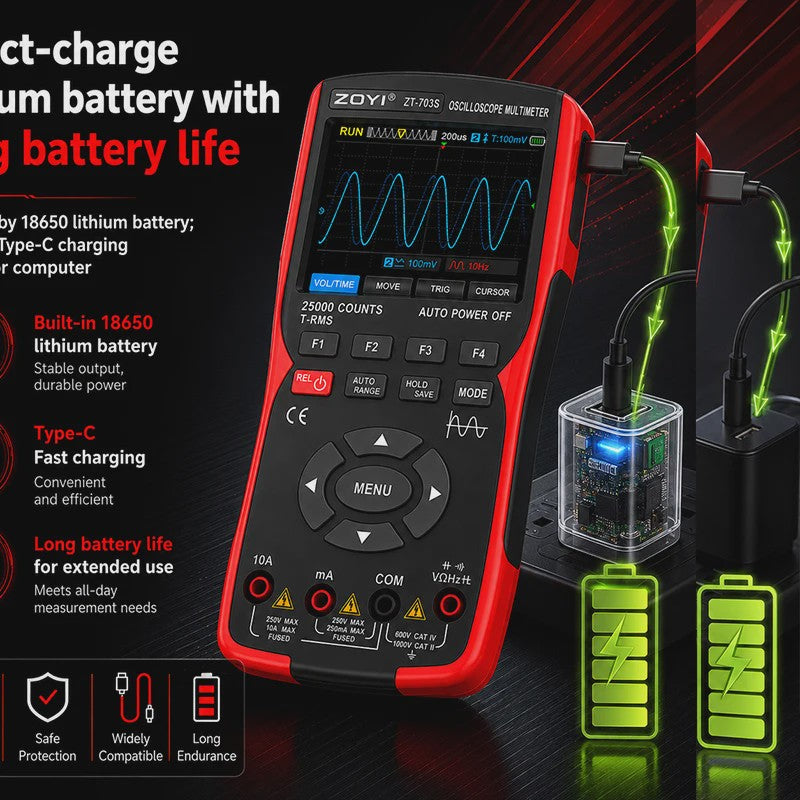 ZOYI ZT-703S: 3-in-1 Oscilloscope, Multimeter & Signaalgenerator (50MHz)