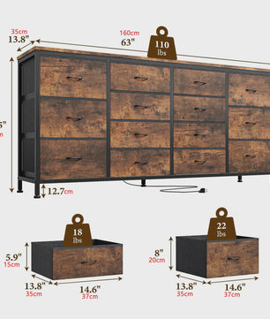 Industriële Ladekast 160cm met 14 Stoffen Lades - TV Meubel & Opbergkast