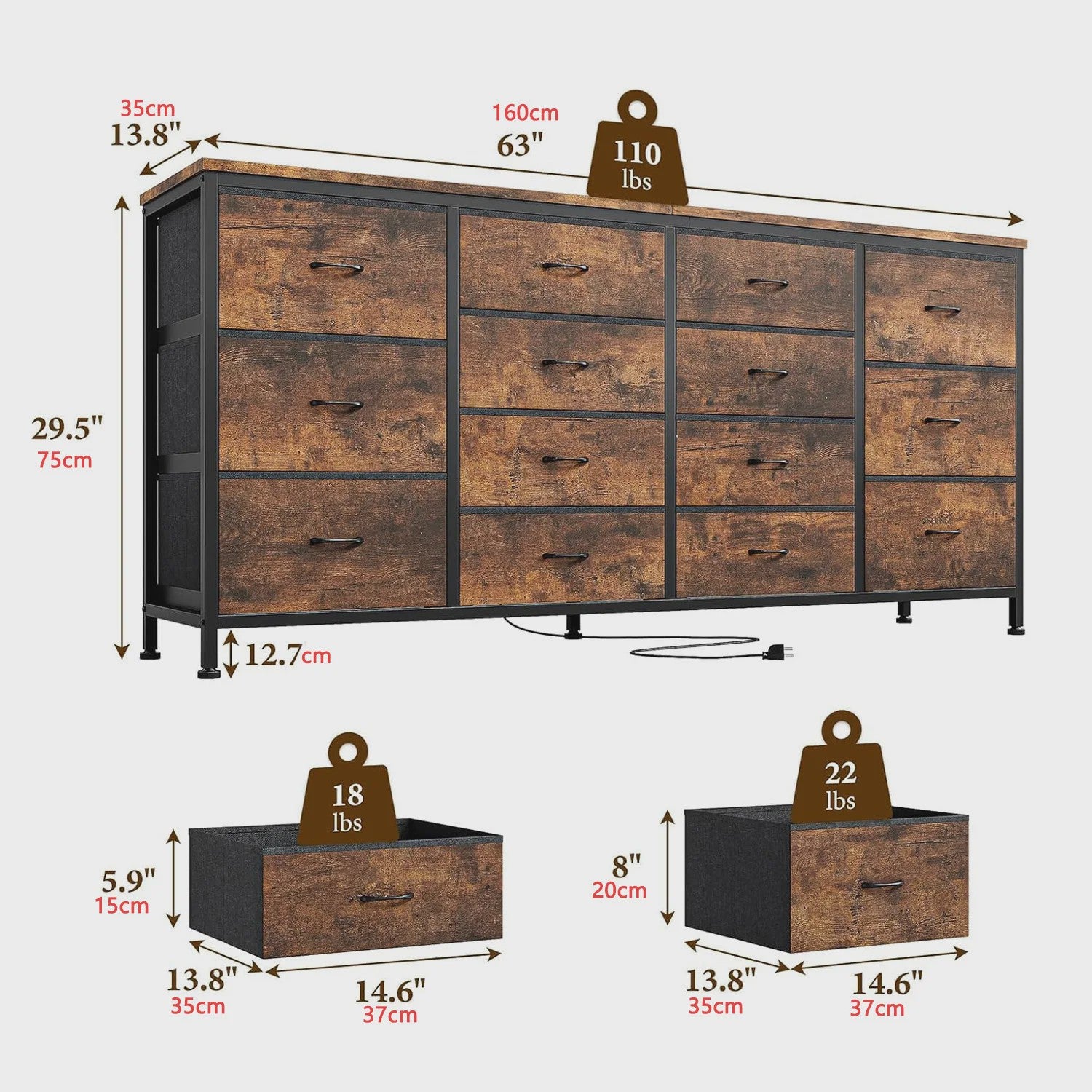 Industriële Ladekast 160cm met 14 Stoffen Lades - TV Meubel & Opbergkast
