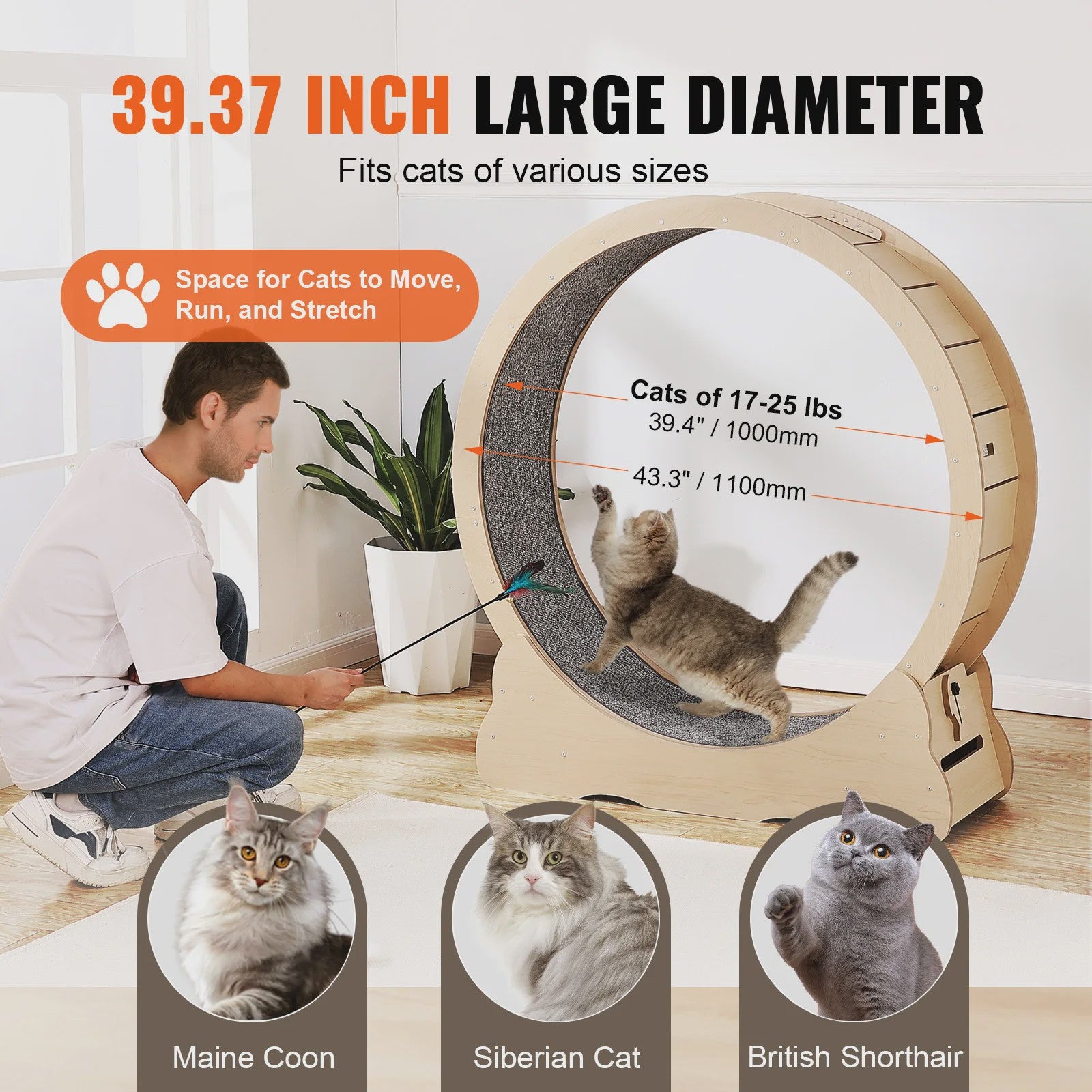 Houten Katten Loopwiel XL - Grote Kattenmolen voor Binnen met Afneembaar Tapijt & Kattenhengel