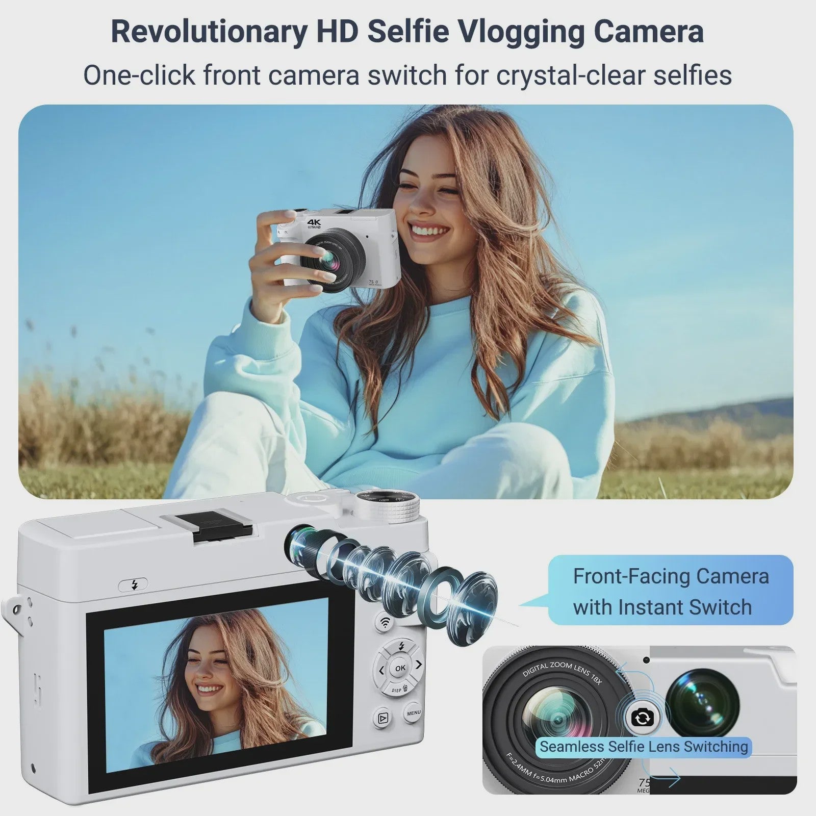 4K Digitale Camcorder met 75MP Foto, 18x Zoom, Dual Camera's & Autofocus