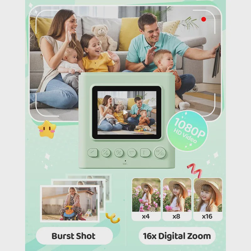 Direct Print Kinder Camera - 1080P HD Fotocamera met Instant Printer & Kleuren Prints
