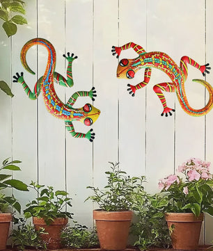 Set van 2 Metalen Muurdecoratie Hagedissen - Levendige Gecko's voor Buiten & Binnen