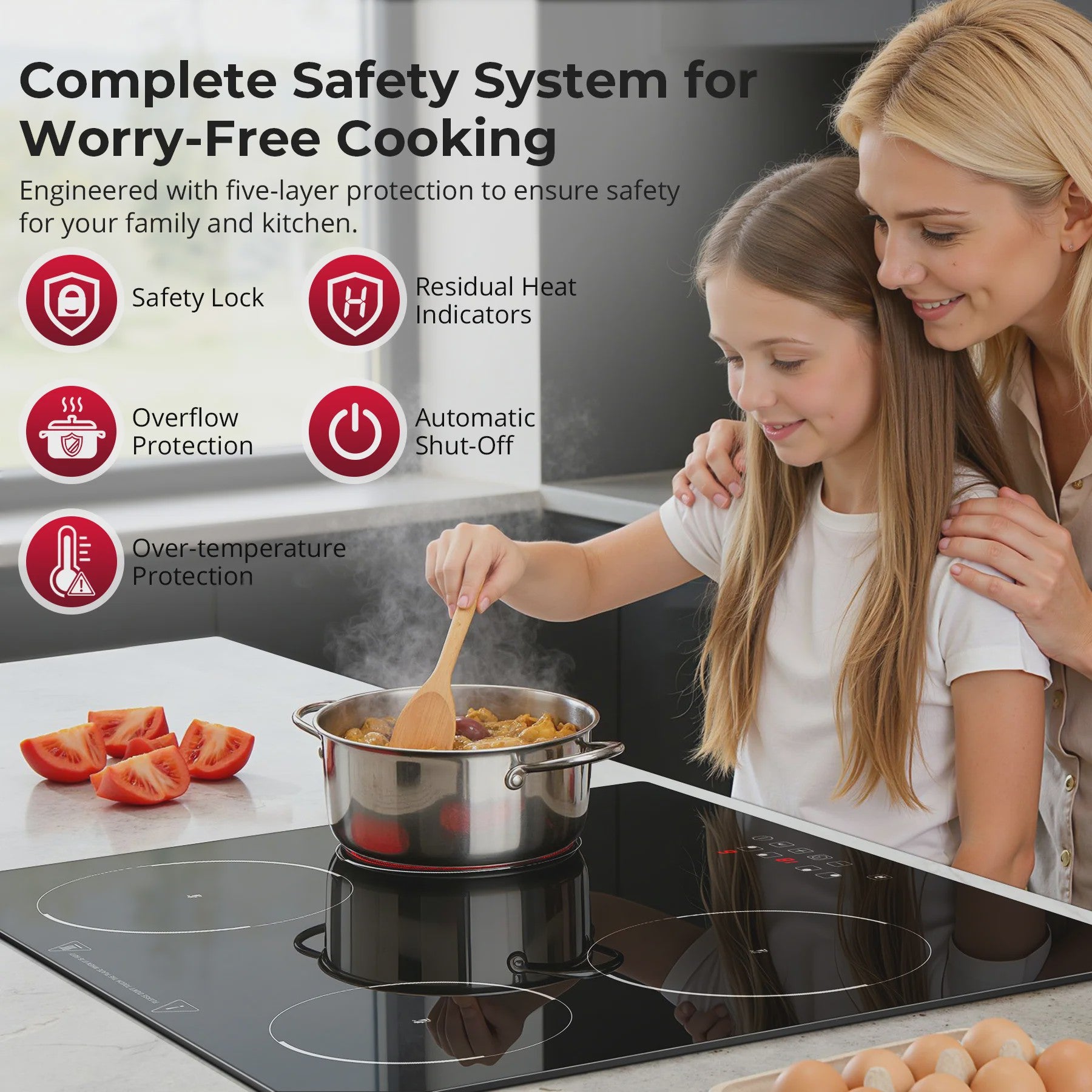 60cm Inbouw Keramische Kookplaat 6000W - 4 Zones, Touch Control, 9 Niveaus, Timer & Kinderslot
