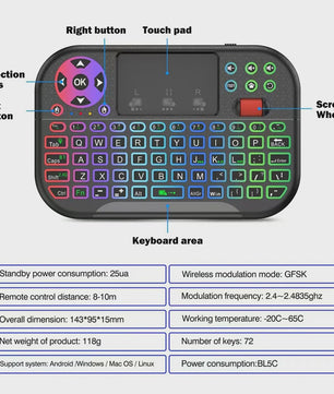 Mini Draadloos Toetsenbord met Touchpad, Scroll Wheel & 8 Kleuren Backlit - Dual Mode BT/2.4G Air Mouse Remote