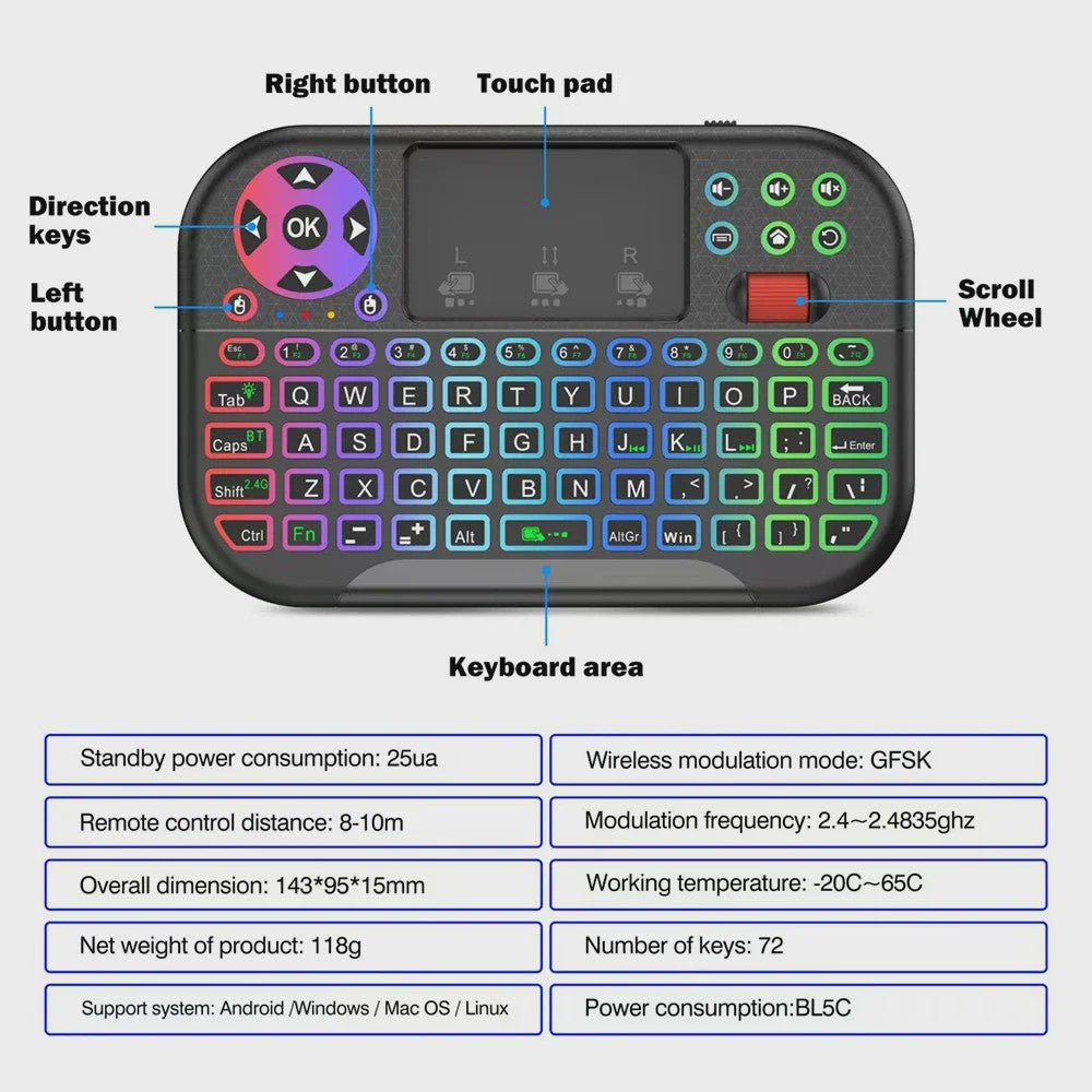 Mini Draadloos Toetsenbord met Touchpad, Scroll Wheel & 8 Kleuren Backlit - Dual Mode BT/2.4G Air Mouse Remote