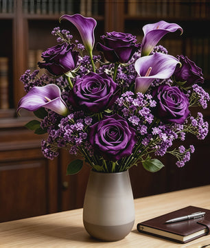Kunstboeket Paarse Rozen, Calla Lelies & Gipsenkruid - 16 Stuks