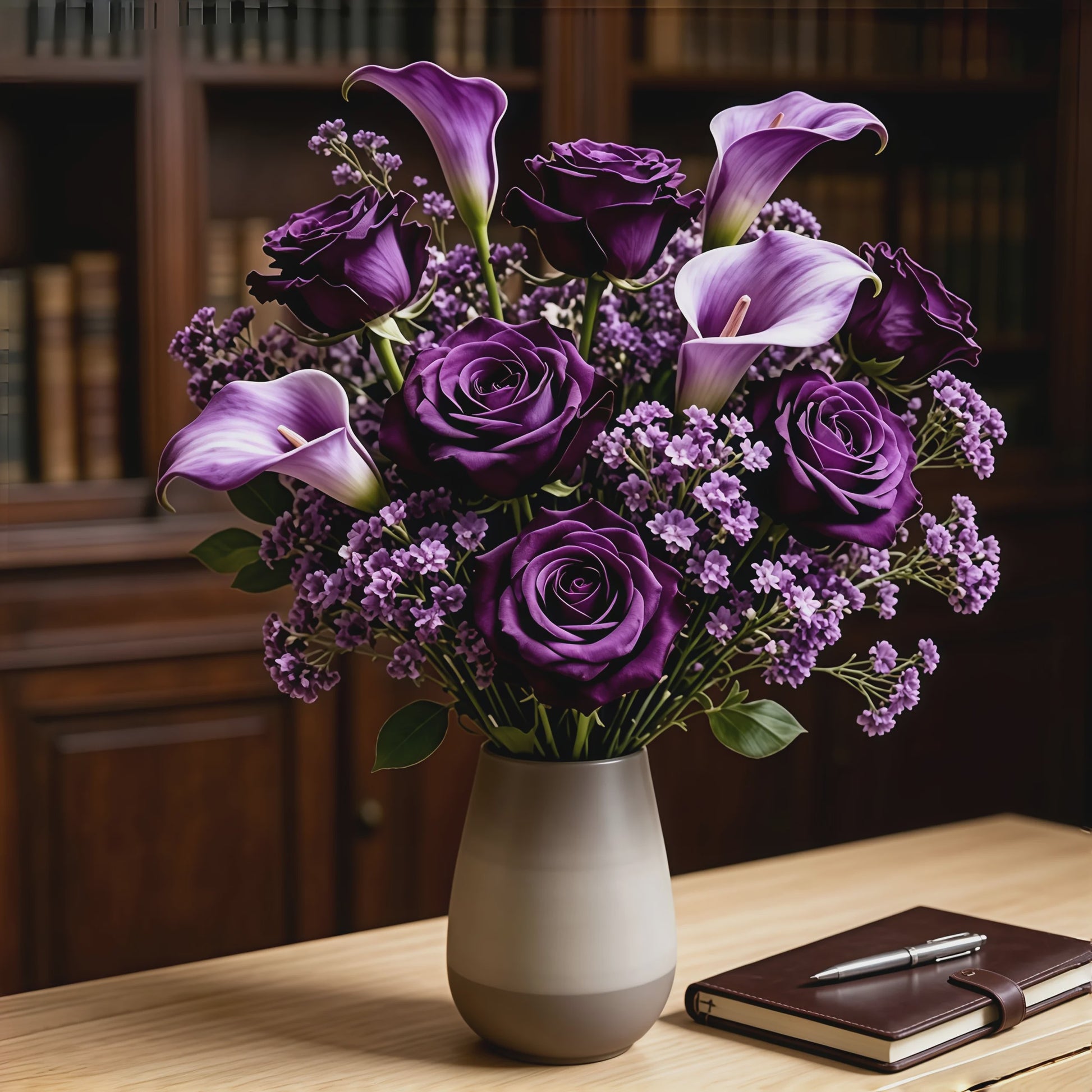 Kunstboeket Paarse Rozen, Calla Lelies & Gipsenkruid - 16 Stuks