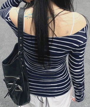 Dames Off-Shoulder Gestreept T-shirt met Lange Mouwen - Y2K Street Style