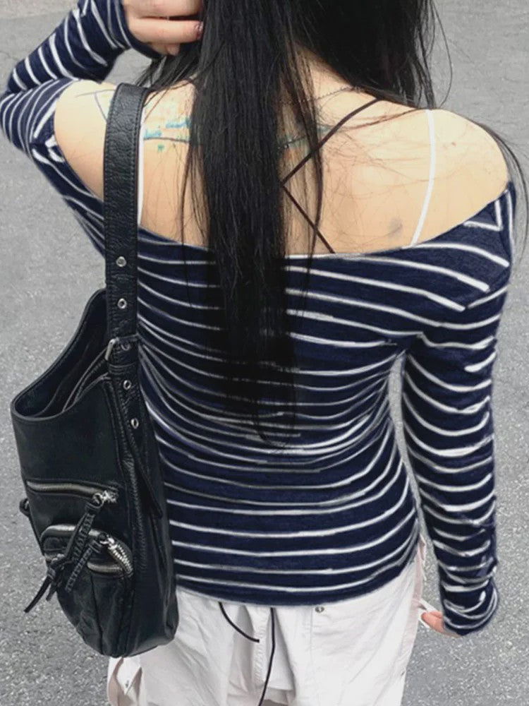 Dames Off-Shoulder Gestreept T-shirt met Lange Mouwen - Y2K Street Style