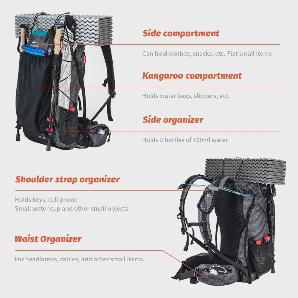 Naturehike Klimrugzak 60+5L - Ruime Outdoor Rugzak voor Reizen, Kamperen en Klimmen met Regenhoes