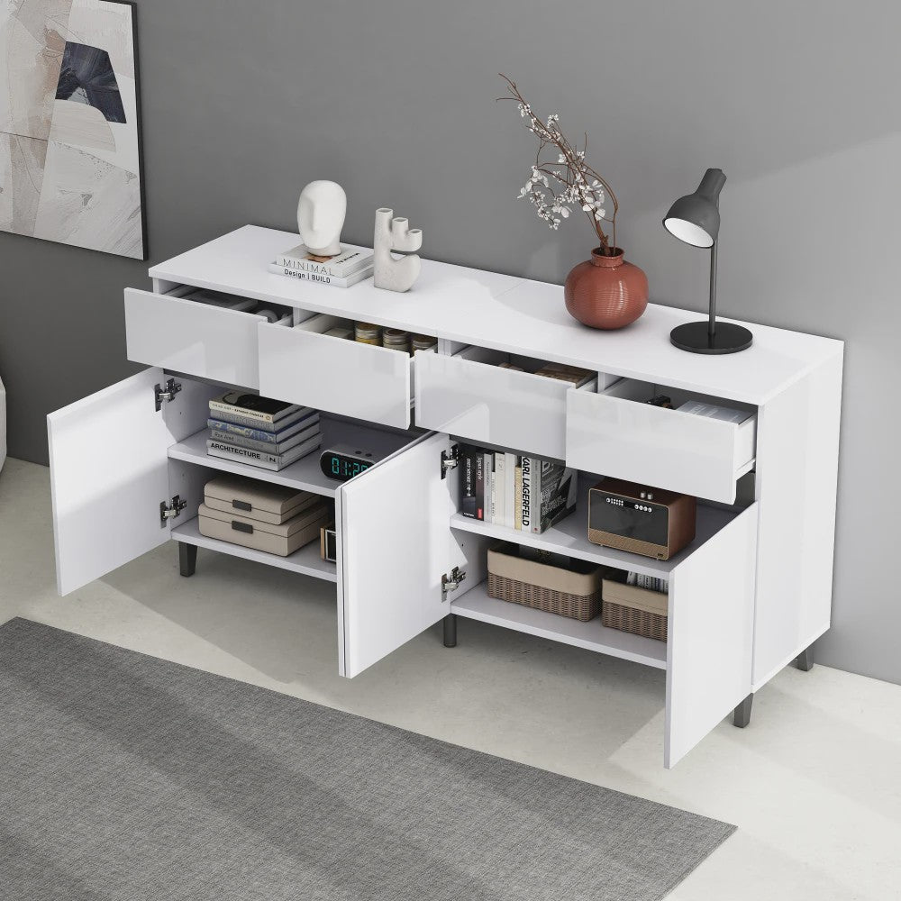 Moderne Hoogglans Sideboardkast met 4 Lades, 2 Deuren en Verstelbare Planken