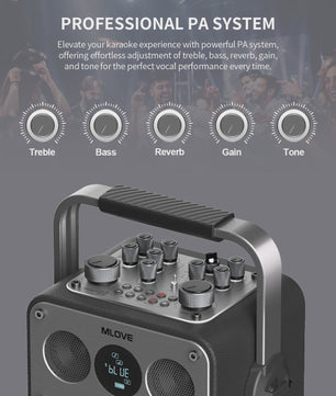 MLOVE D5 Professionele Karaoke Machine met 2 Draadloze Microfoons & Bluetooth
