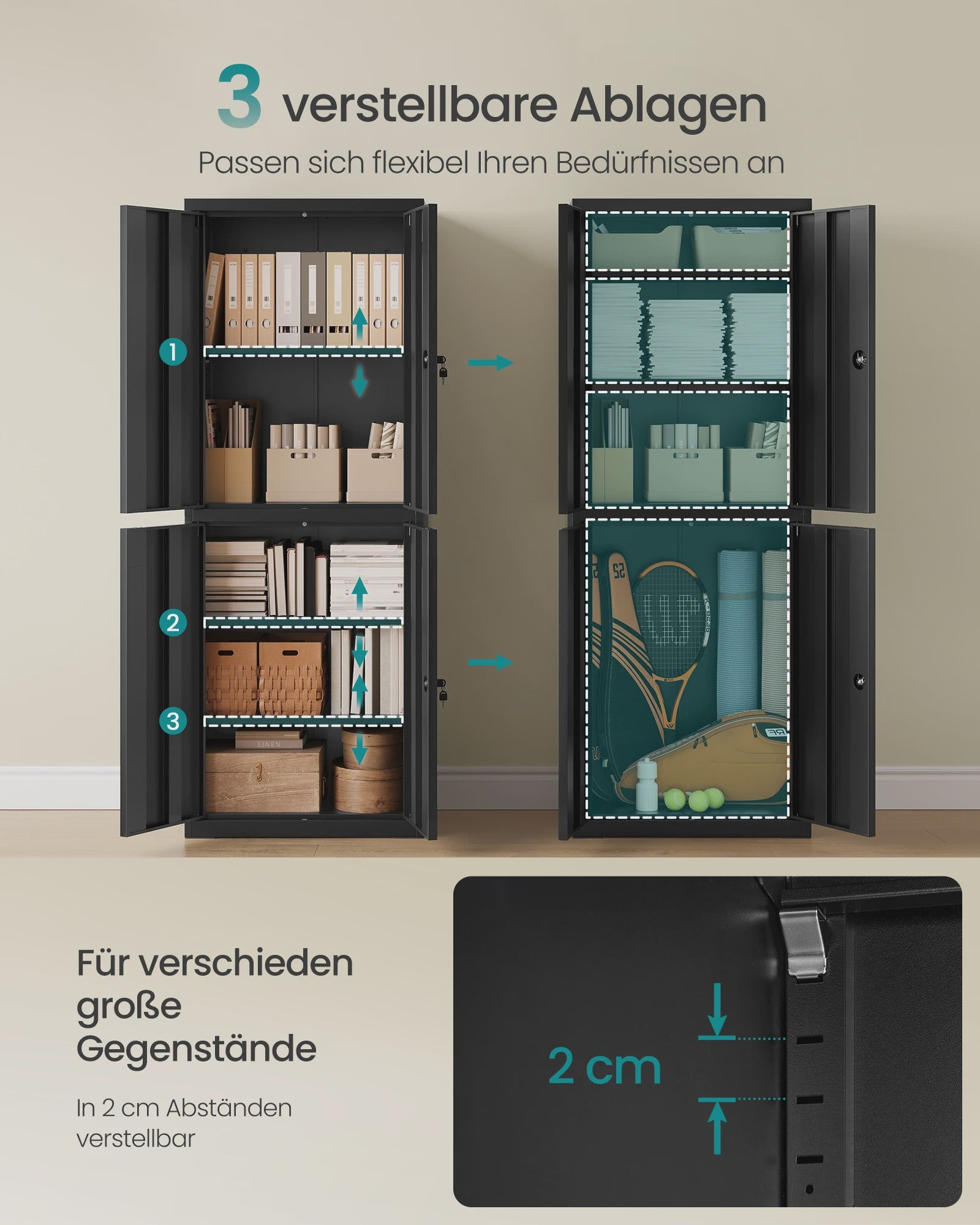SONGMICS Metalen Archiefkast / Opbergkast - Zwart, 40x60x180 cm, 4 Deuren, 2 Slotjes