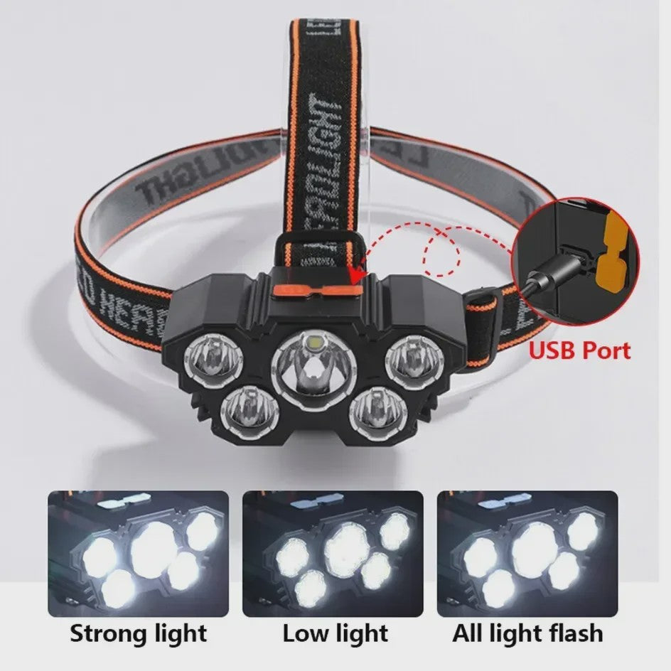 Krachtige 5 LED Hoofdlamp met Ingebouwde Batterij - USB Oplaadbaar voor Buitenactiviteiten