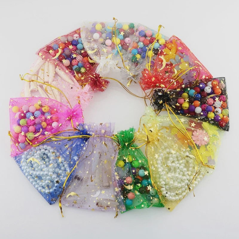50 Stuks Organza Zakjes met Maan & Sterren - Goudkleurig - Ideaal voor Cadeaus en Sieraden