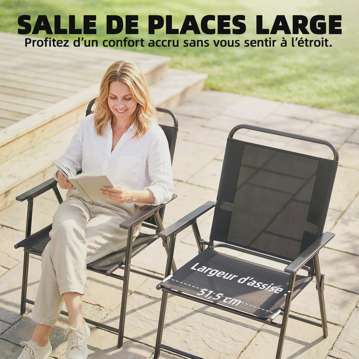 Outsunny Set van 4 Klapstoelen met Armleuningen - Zwart Textilene Zitting